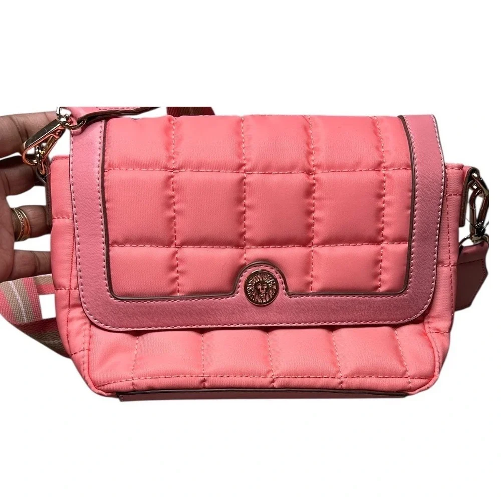 Anne Klein Pink Quilted Nylon Bag Gold Lion Logo  - Striped Crossbody Strap